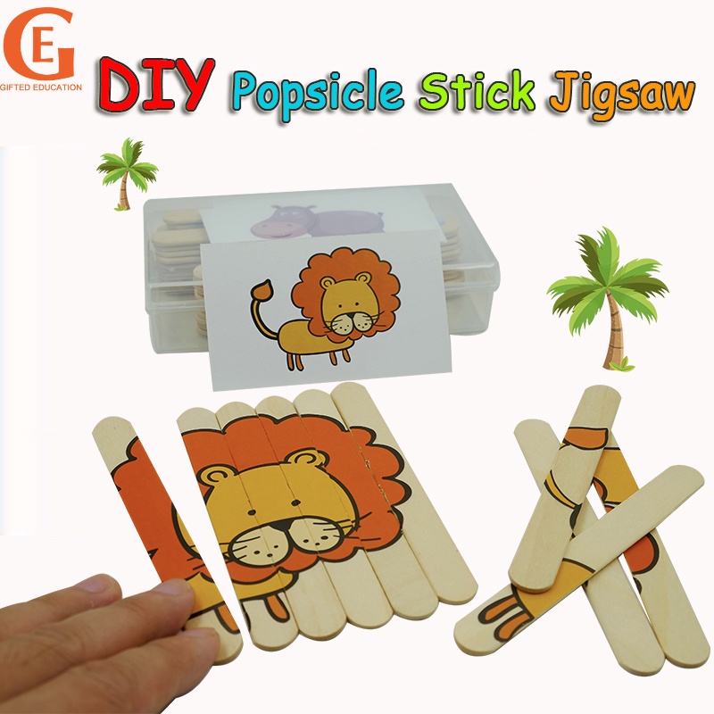 4Pcs Set Wooden Ice Cream Stick Jigsaw Puzzle Children Shape Matching