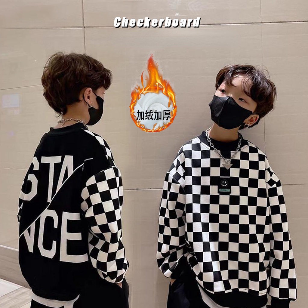 2022 New Style Autumn Winter Boys Fleece Lining Sweatshirt Checkerboard