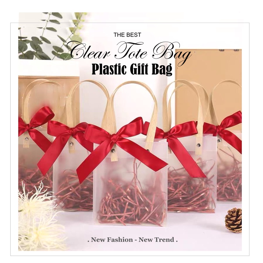 SG Stock Plastic Frosted Gift Bags (with Ribbon) / Transparent Tote Bags / Wedding Gift Bags