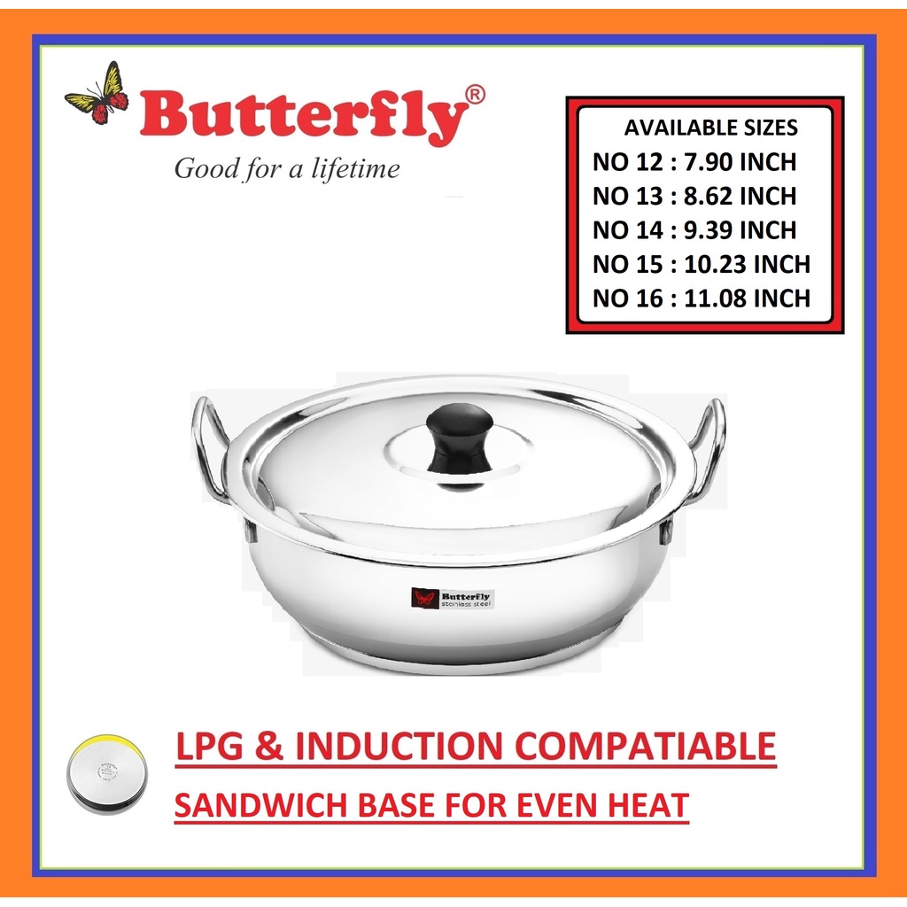 BUTTERFLY STAINLESS STEEL / KADAI / WITH LID / WOK / SANDWICH BOTTOM / INDUCTION COMPATIABLE