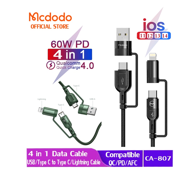 Mcdodo 4 in 1 60W PD Charging Cables USB/TypeC/iPhone data cable fast