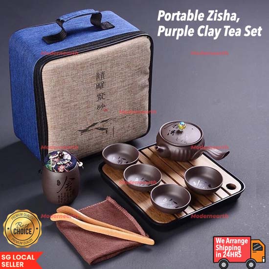 [SG Stock] Portable Tea Set, Zisha Tea Set, Handmade Purple Clay Teapot, Clay Tea Set, Chinese