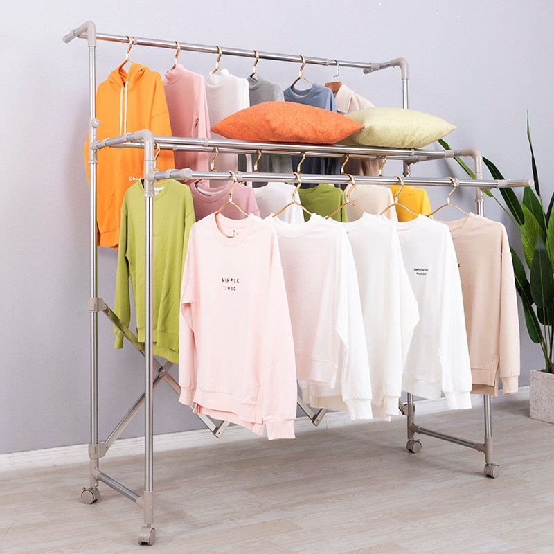 Big Clothes Rack with Wheels Double Rails Clothing Rack Rolling Rack