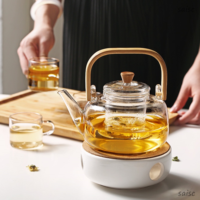 1L Bamboo Handle Teapot Transparent Glass TeaPot HeatResistant Kettle