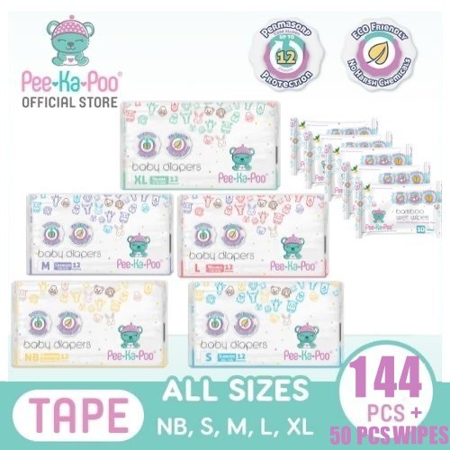 PeeKaPoo Diaper [CARTON Taped Diapers With Wipes] 12 x 12 Pcs Diaper