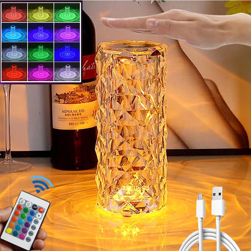 Crystal Table Lamp 3/16 Colors Touch Remote Diamond Lamps Room Decor
