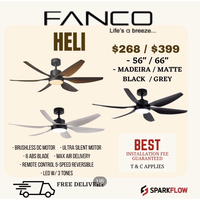Fanco heli 56/66 in Dc motor ceiling fan with 3 tone led light and remote control Shopee Singapore
