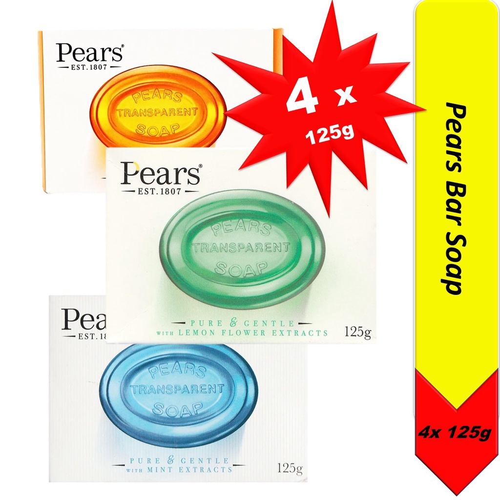 Pears Soap Bar Pure Gentle Natural Oils Lemon Flower Mint, 125g (Bundle