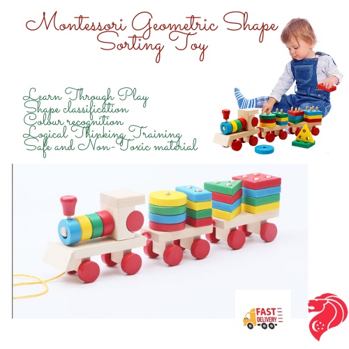 Montessori Wooden Shape Stacking Drag and Pull Along Puzzle Logical