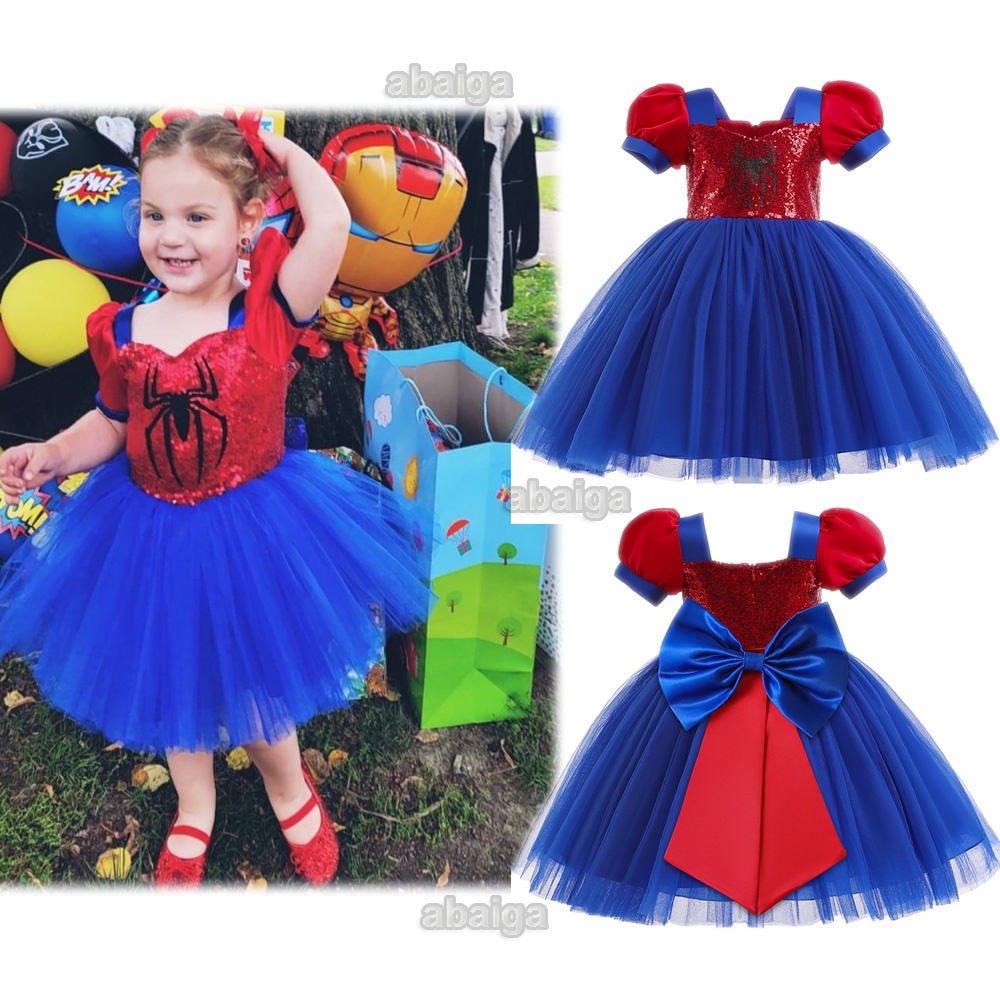 Puff Sleeve Princess Tutu Dress Disney Spiderman Costume for Kids Girl