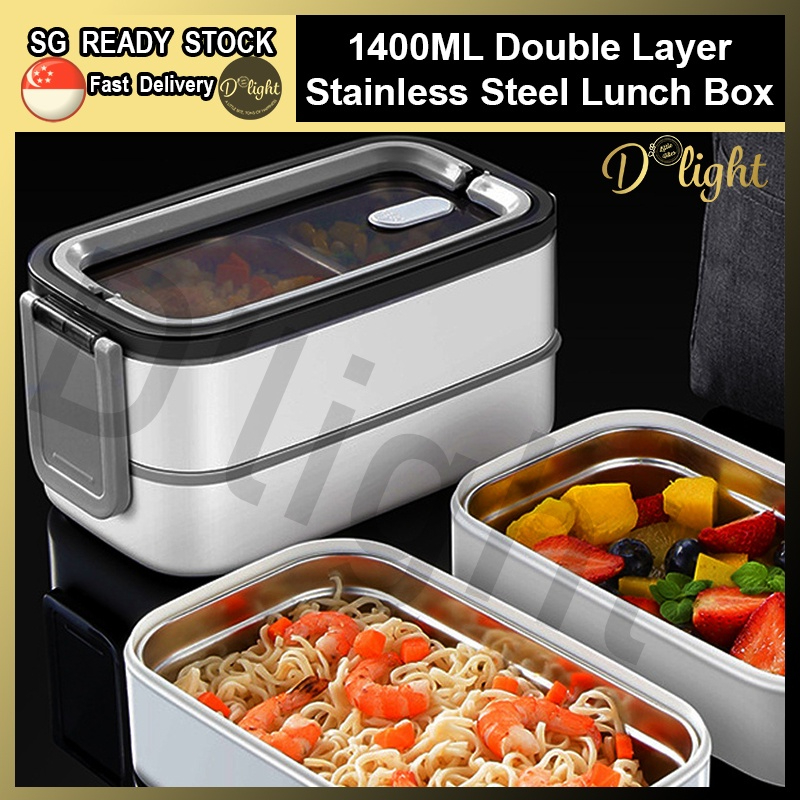 Dlight 1400ml Double Tier Stainless Steel Lunch Box 3 Compartments