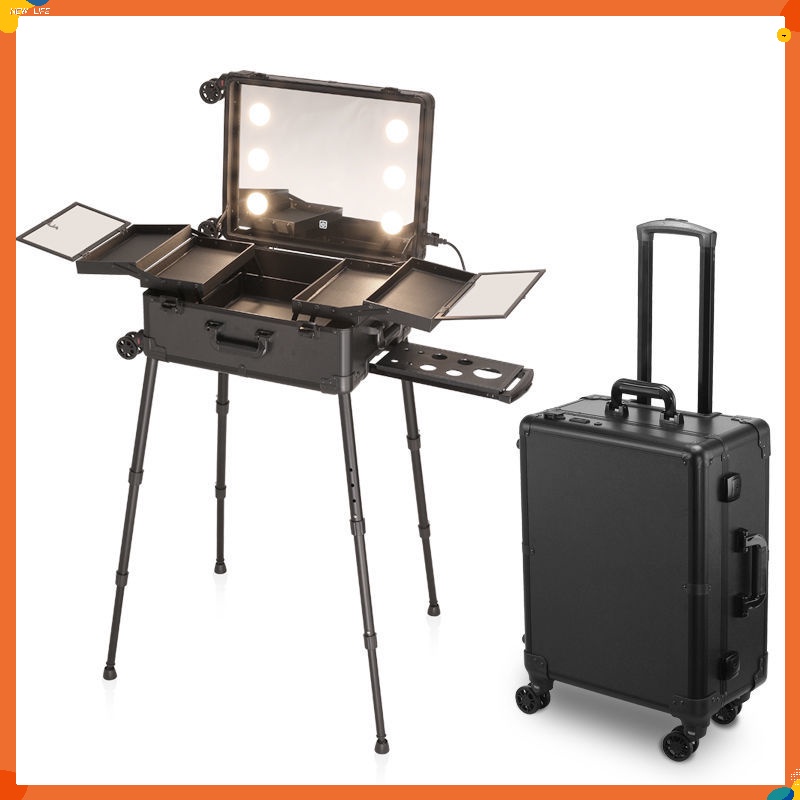 Professional Rolling Cosmetic Case LED Light Mirror Box Beauty Makeup