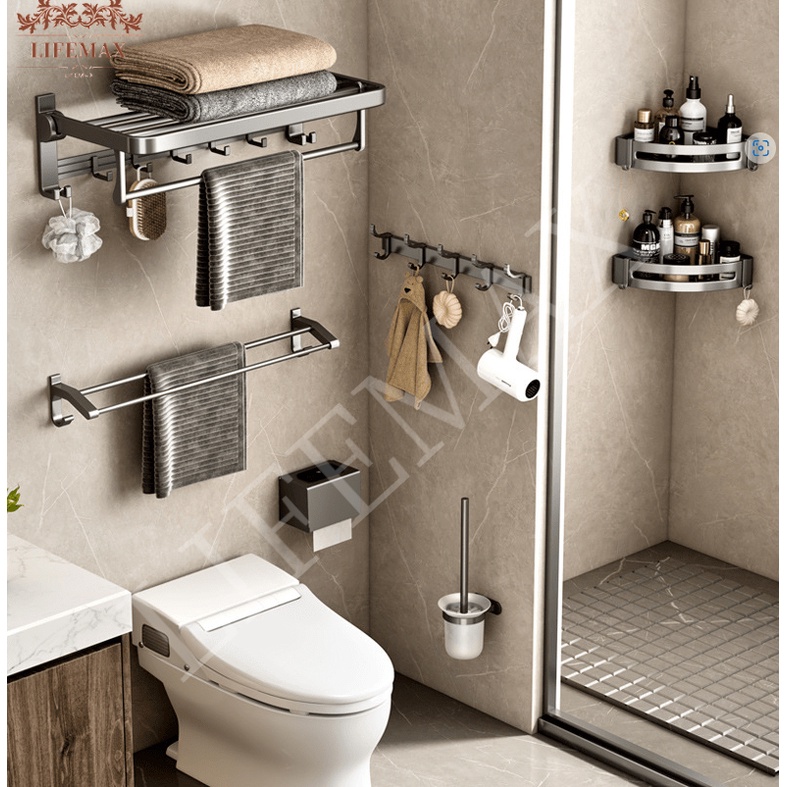[SG Seller]Grey Bathroom Towel Rack Bathroom Shelf nonperforated towel