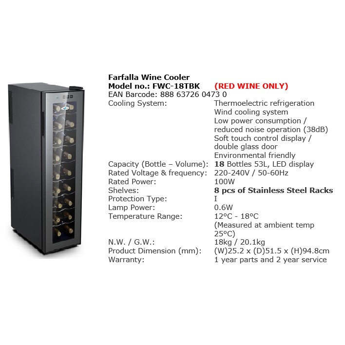 FARFALLA WINE COOLER 1218 BOTTLES MODEL FWC12TBK / FWC40BK