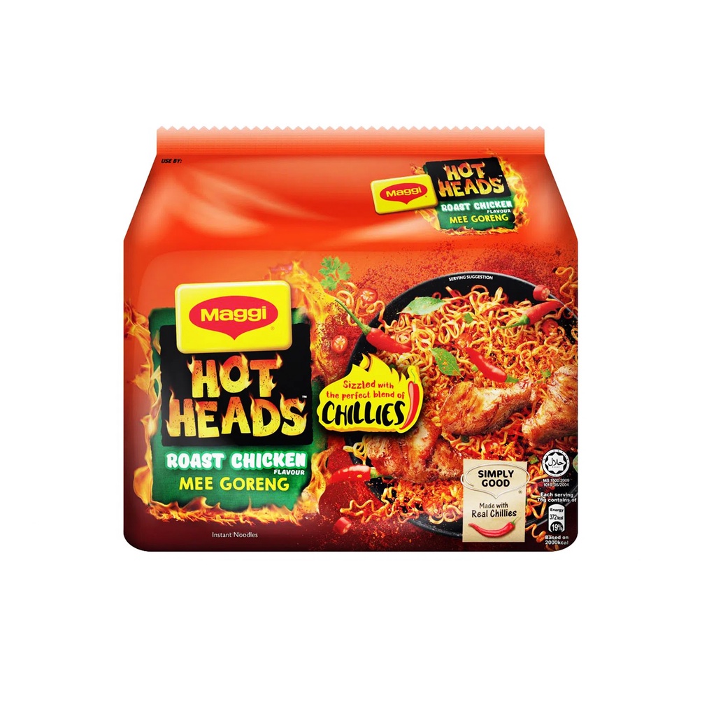 Maggi Hot Heads Instant Noodle Roast Chicken Mee Goreng 5x76g Bundle