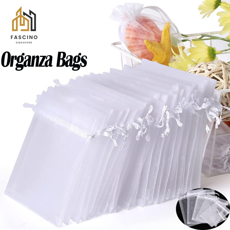 【SG】100Pcs Organza Bags White Sheer Wedding Party Favor Bags with Drawstring Jewelry Gift Bags