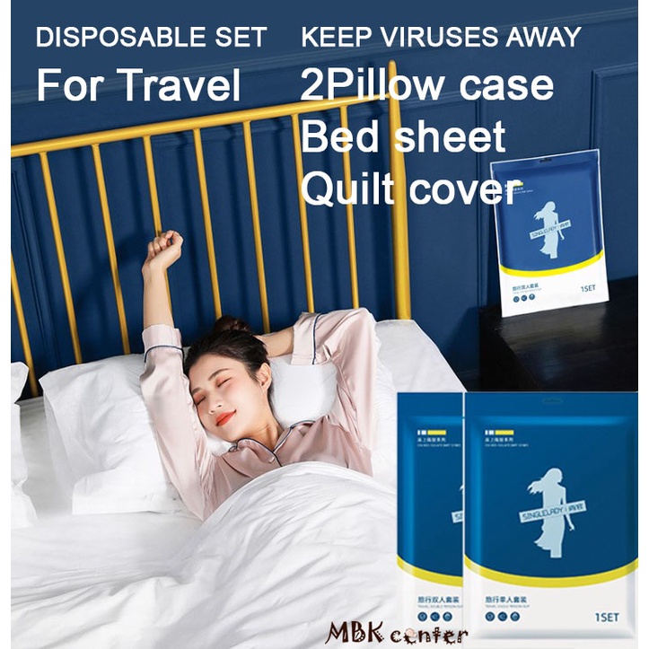 (OEM) Travel Pack Disposable Hygienic Doublebed Bedsheet Cover Pillowcases Quilt Cover Set