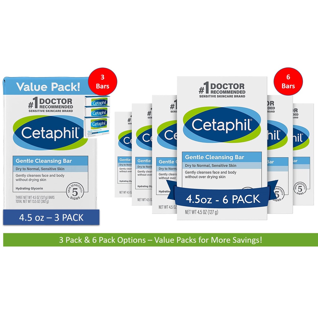 Cetaphil Gentle Cleansing Bar, 4.5 Ounce Bar (Pack of 3 or 6 Value