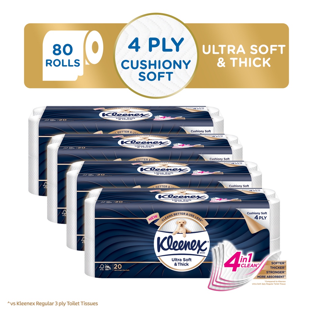 (Carton of 4) Kleenex Ultra Soft & Thick 4Ply Toilet Tissue 20 Rolls