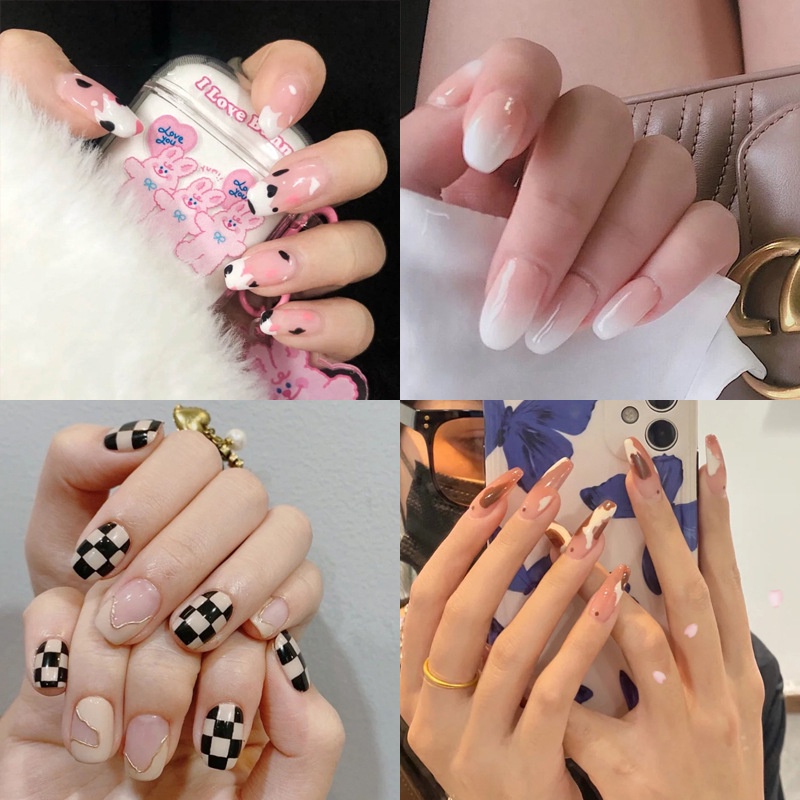 24pcs Fake Nails Set With Glue Matte Short Fake Nails Design French