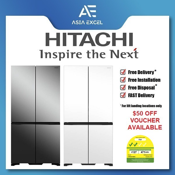 HITACHI RWB640V0MSX 569L MIRROR/GLASS WHITE LUXURY FRENCH BOTTOM