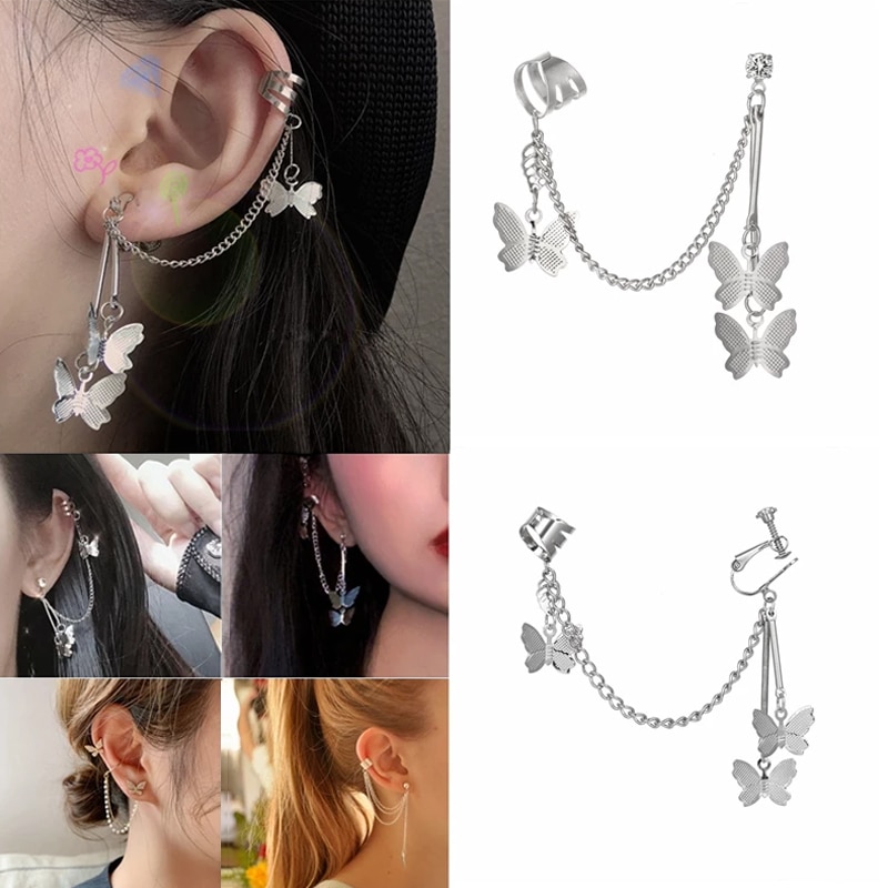 Vienkim Earrings Geometric Butterfly Earring Cuff Clip on Earrings Ear Bone Clip metal Chain