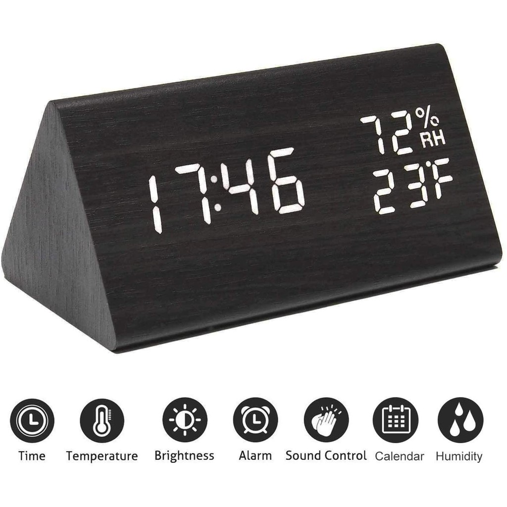 Digital Alarm Clock with Wooden Electronic LED Time Display 3 Alarm
