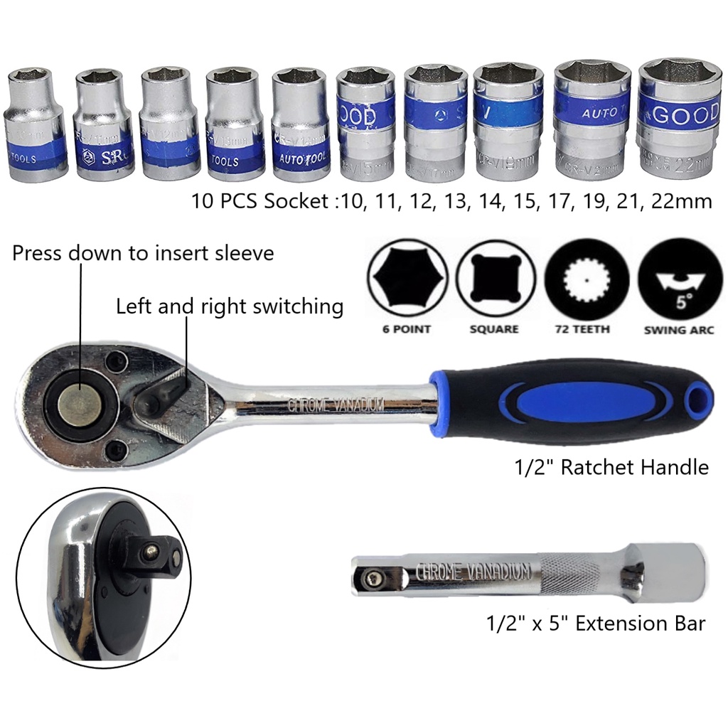 [SG STOCK] SOCKET SET 12 PIECES Ratchet Handle & Extension Bar Spanner