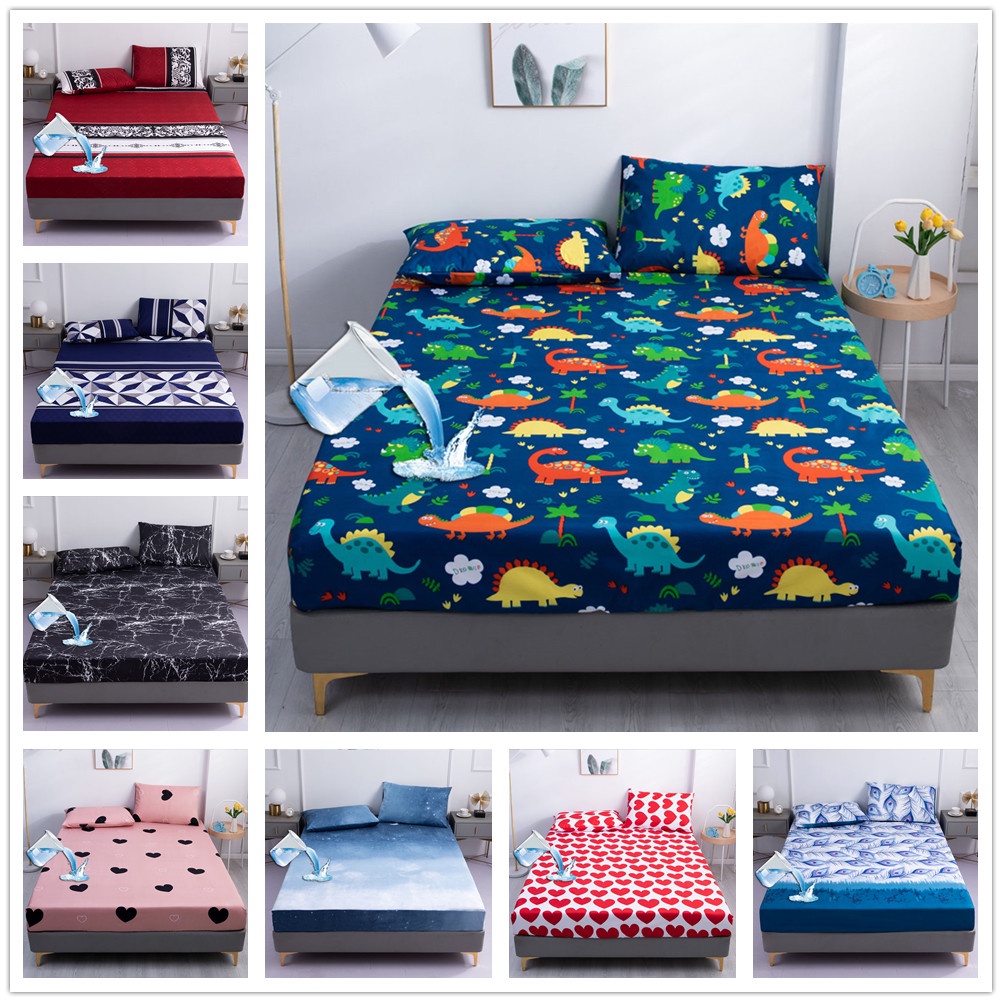 1Pc Waterproof Mattress Cover With Elastic Cartoon Style Dinosaur Print