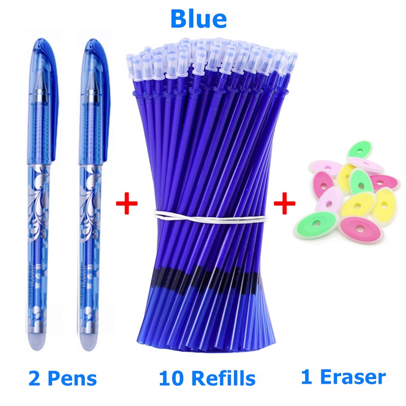 2 Erasable Pens + 10 Refills + 1 Eraser Black & Blue Ink Gel Pen Set 0