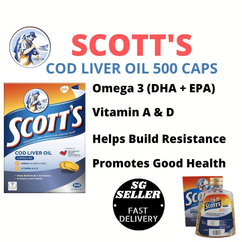 SCOTT'S Cod Liver Oil (500 capsules / Omega 3 (EHA + EPA) / Vitamin A & D) Shopee Singapore