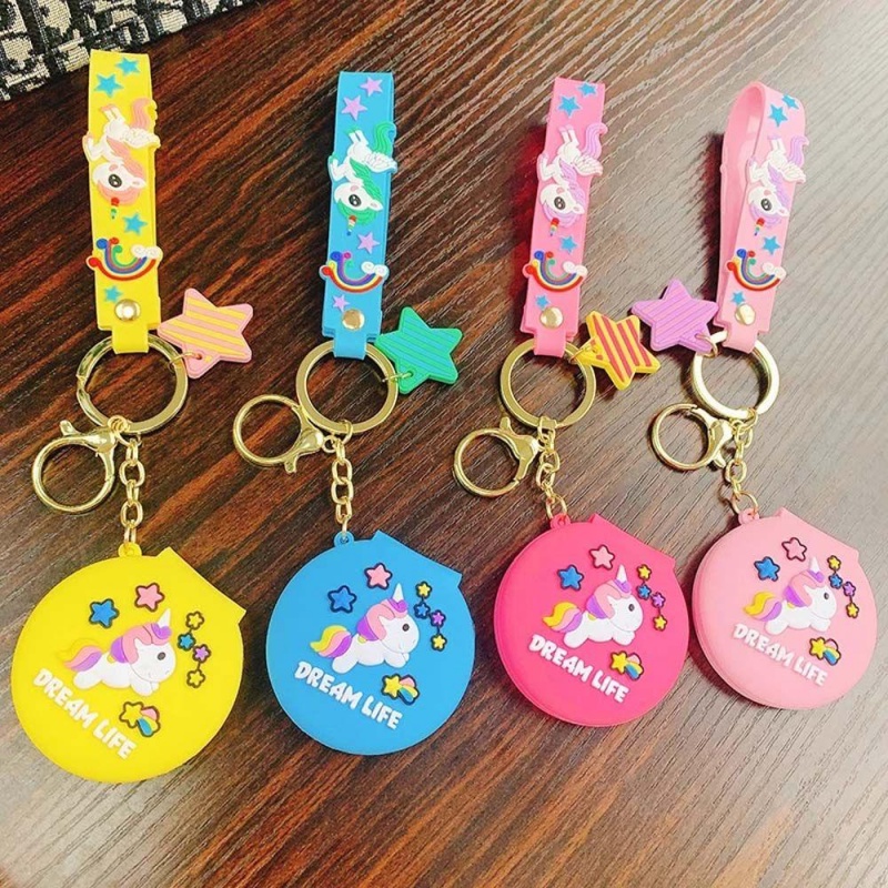 New cartoon unicorn keychain cute portable small mirror folding makeup