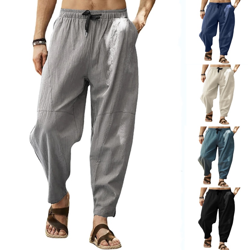 Men's Casual Slack Pants Cotton Linen Solid Long Pants Hippie Summer