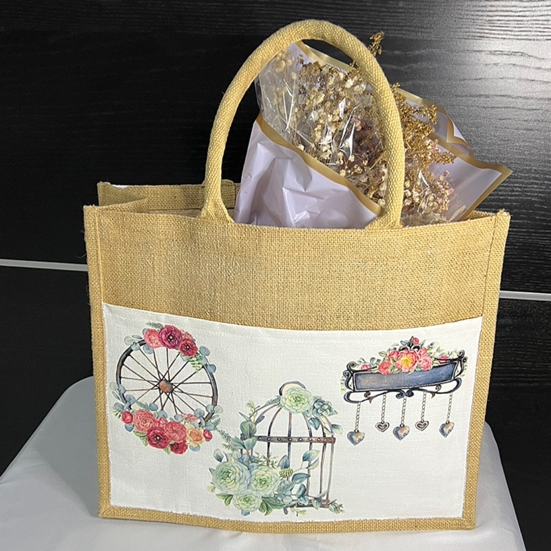Large Jute Canvas Bag Eco friendly Decoupage Tote 2 sided instock