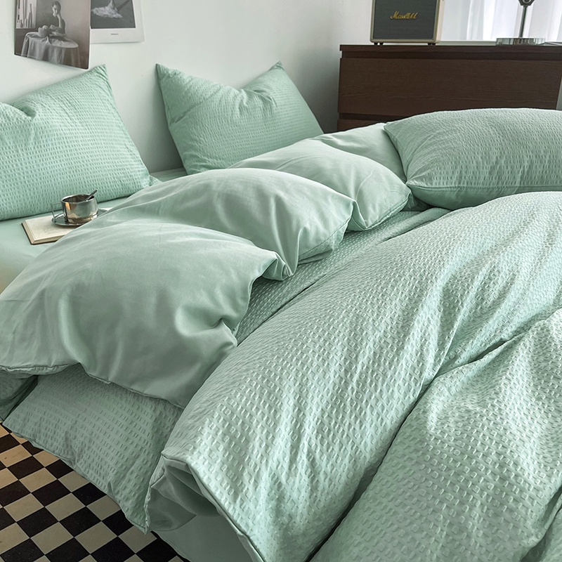 4 IN 1 Plain Bedding Set Simple Style Waffle Duvet Cover Flat Sheet