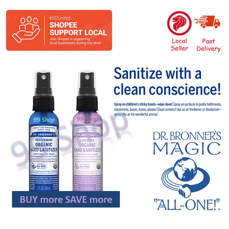 Dr Bronner's Organic Hand Sanitizer Lavender OR Peppermint 59ml No Refund for lost mail Shopee