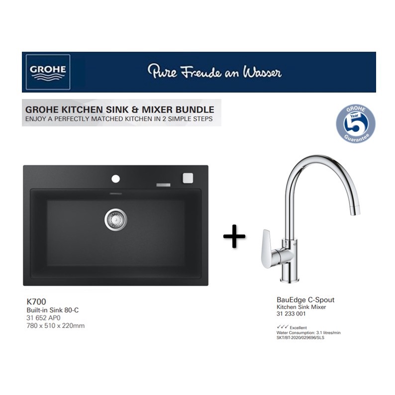 GROHE TopMount Single Bowl Granite Sink Bundles With BauEdge Sink