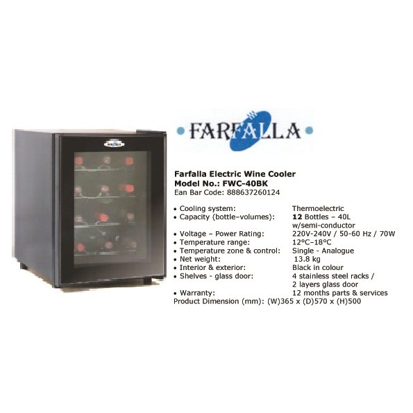 FARFALLA WINE COOLER 1218 BOTTLES MODEL FWC12TBK / FWC40BK