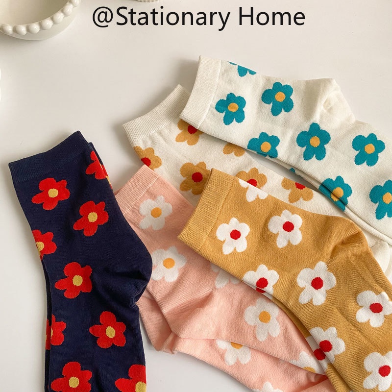 Korean Floral Cotton Mid Tube Long Socks Cute Flower Under Knee
