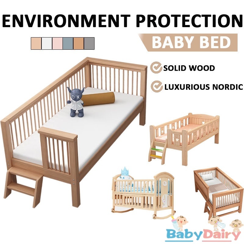BabyDairy Solid Wood Baby Bed Splicing Bed With Guardrail Widening Bed
