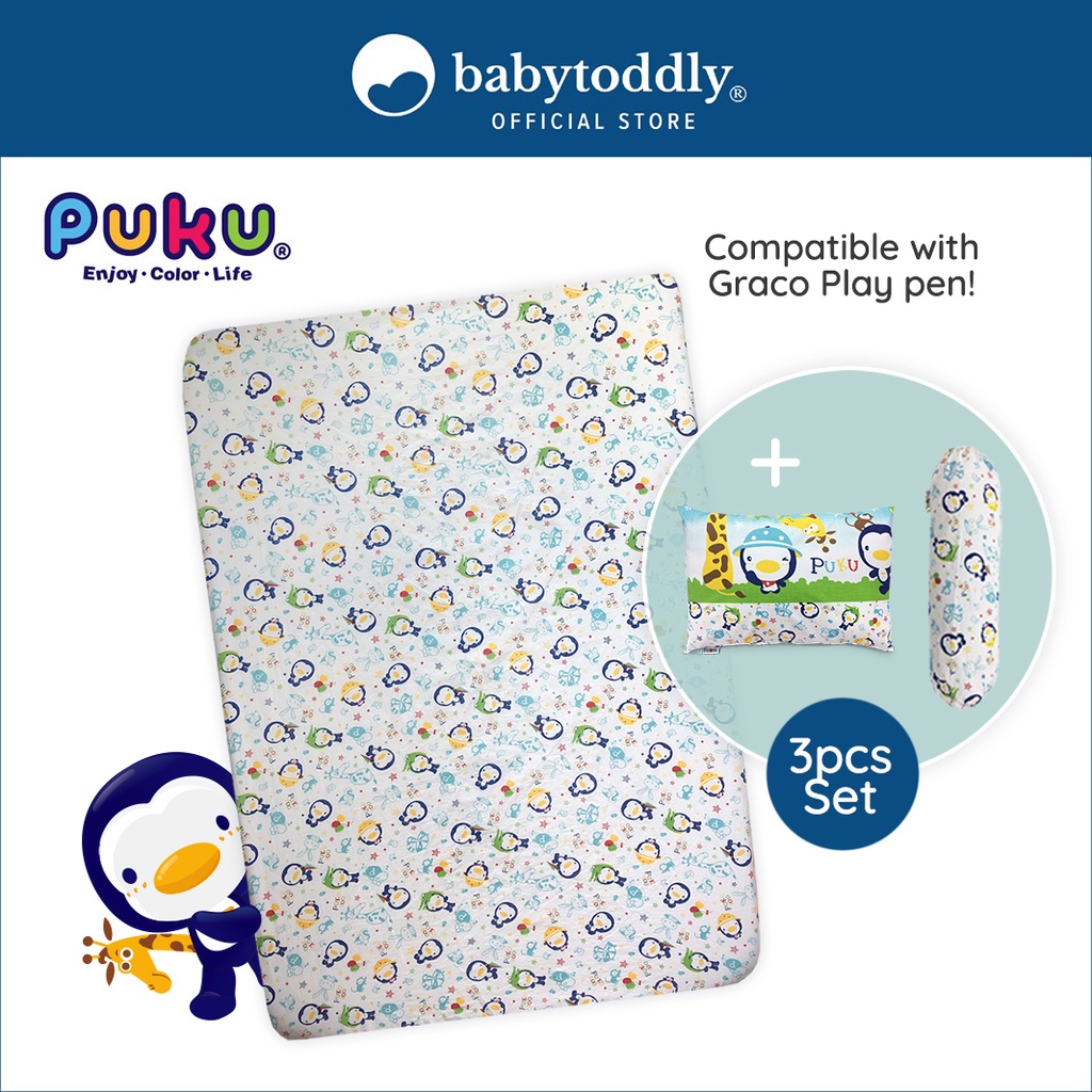 Puku Playpen Mattress With Pillow And Bolster Set (26x38x2 inches