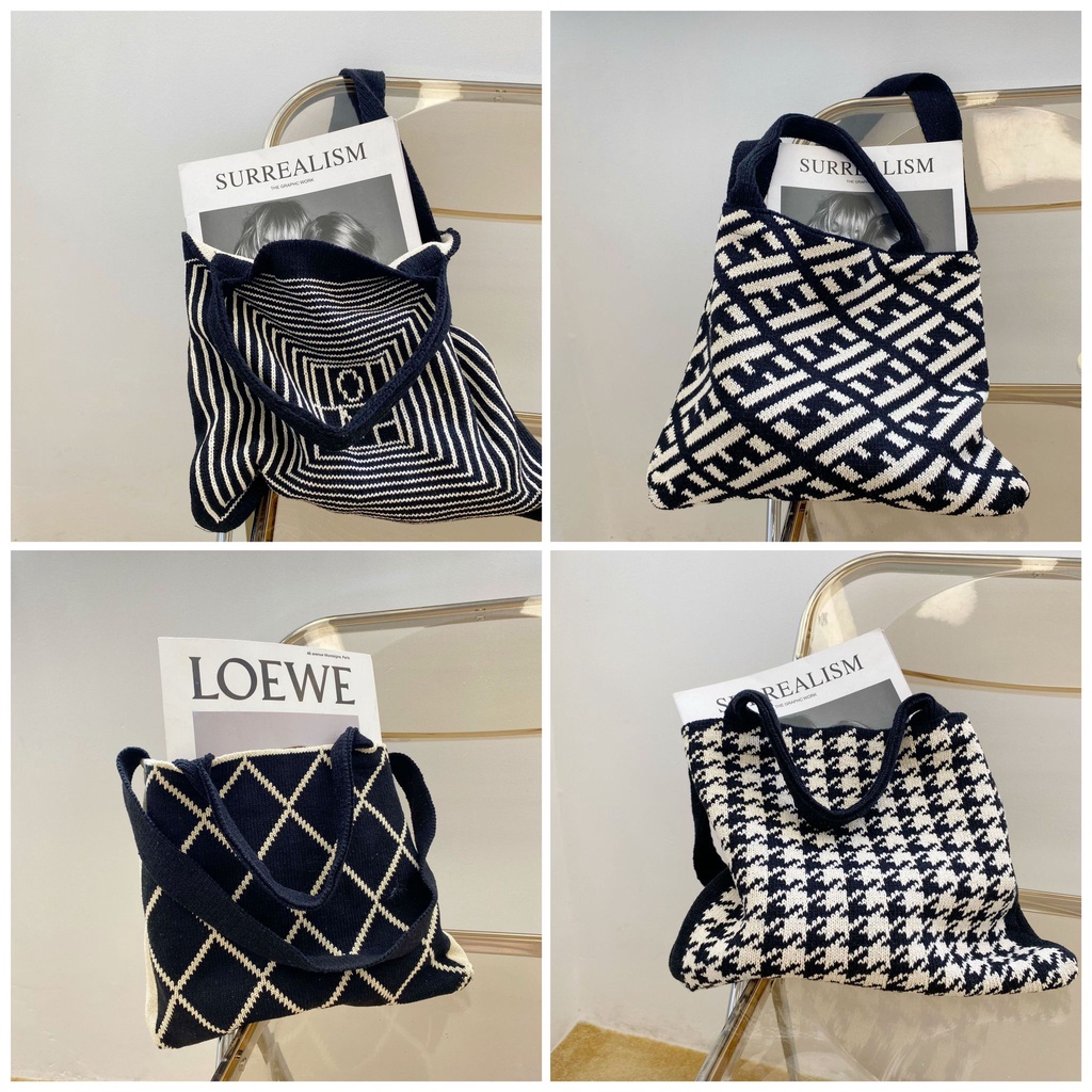 RESTOCKED! Knitted Shoulder Tote Bag Hand Carry Vintage Pattern Black