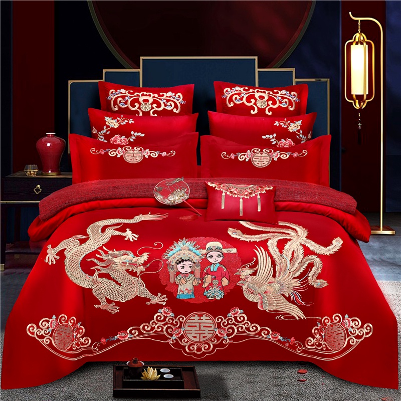4 IN 1 Chinese Wedding Bed Sheet Sets Embroidery Red Bedding Set Queen