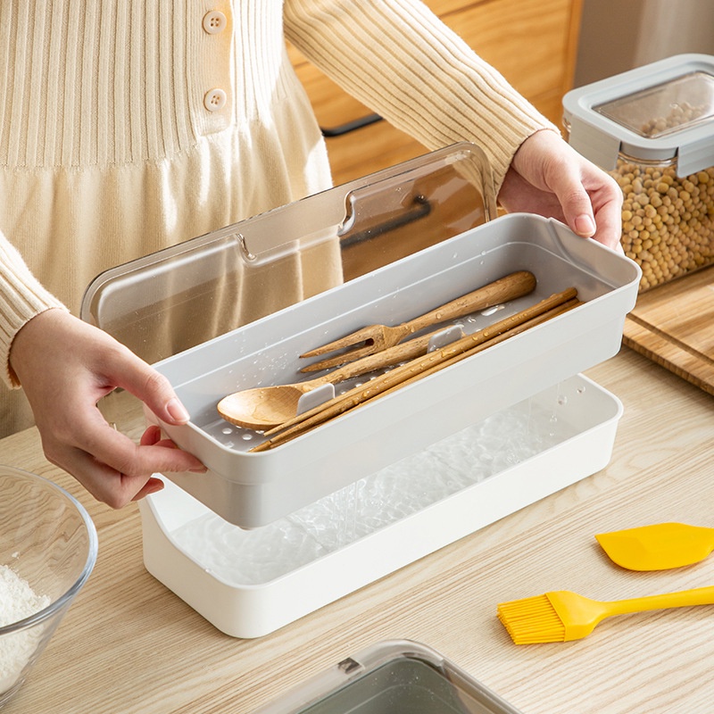 Cutlery Storage Box with Cover Drainer Chopstick Holder Cutlery Tray
