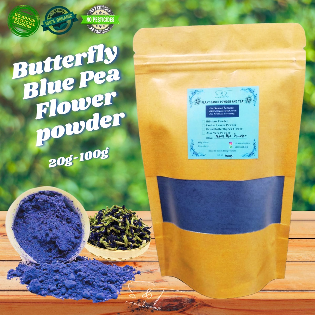 100 Natural Organic Butterfly Blue Pea Flower Powder Serbuk Bunga