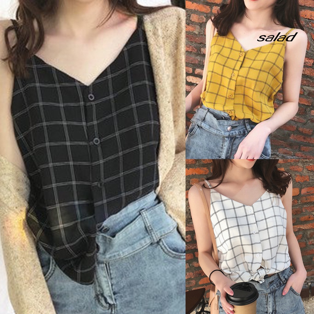 SD Women Camisole Adjustable Spaghetti Straps Plaid Tank Top Fashion V