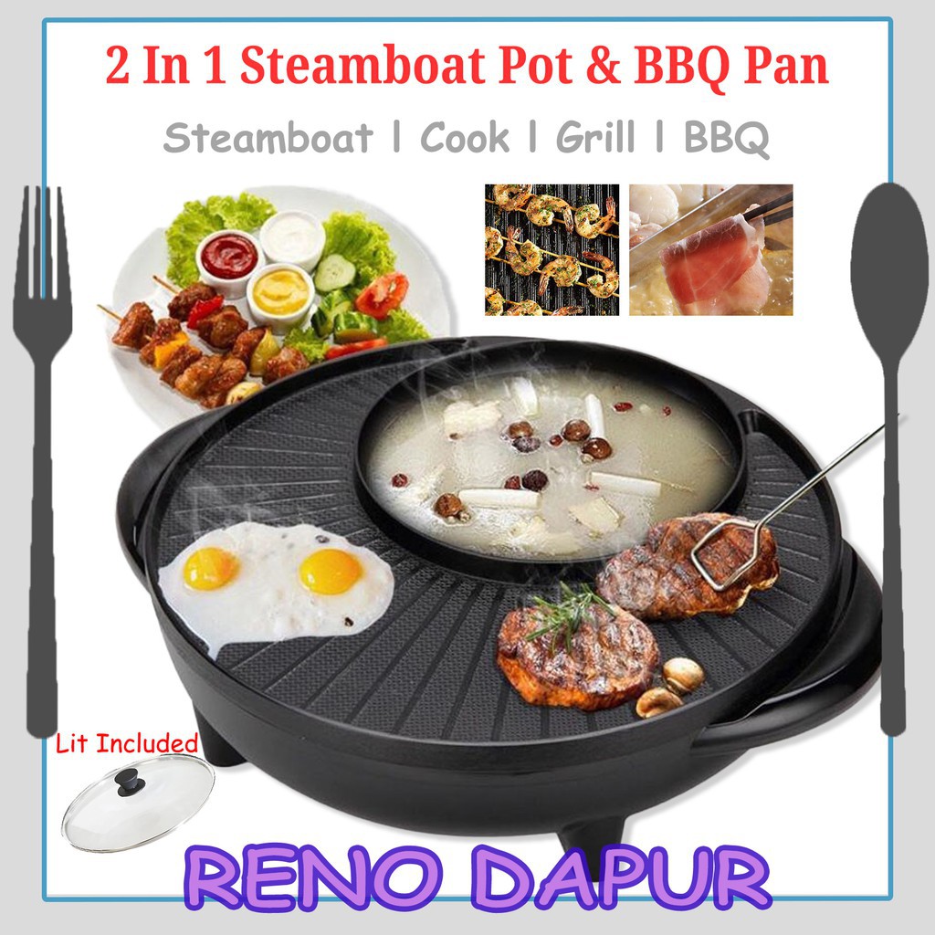 Electric 2 IN 1 BBQ Grill Steamboat Pot Korean Grill Pan Steamboat Hot Pan Pot Teppanyaki Shabu
