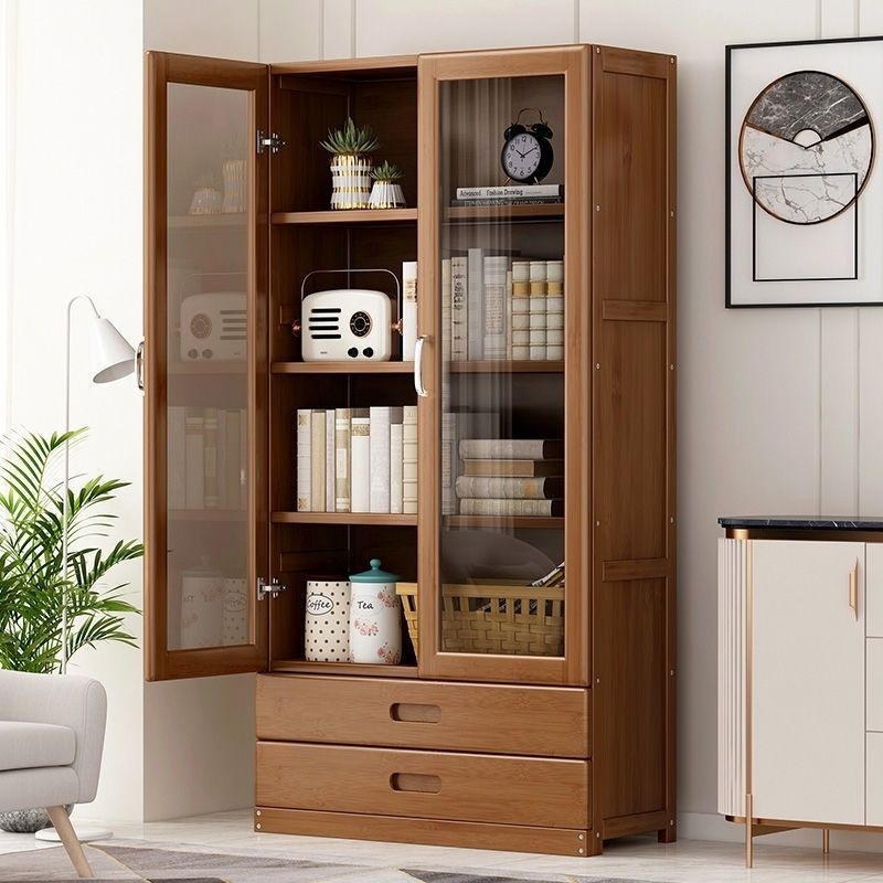 Bookshelf Desktop Storage Rack Glass Transparent Locker Solid Wood