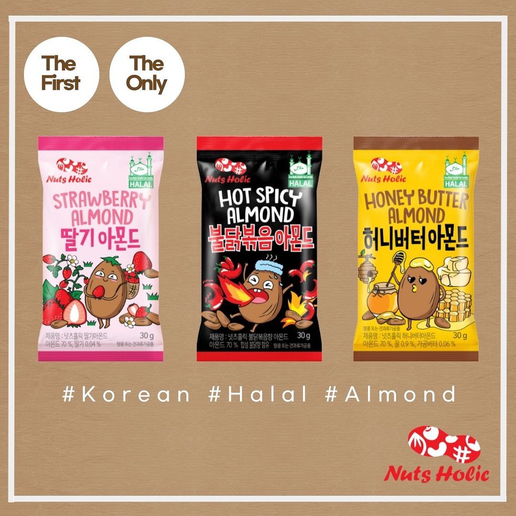 Korea NUTS HOLIC Halal Almond Snacks Honey Butter / Strawberry / Hot Spicy Almond (30g) Shopee