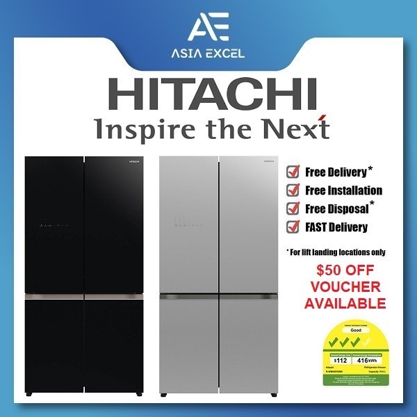 HITACHI RWB640V0MS 569L GLASS BLACK/SILVER FRENCH BOTTOM FREEZER